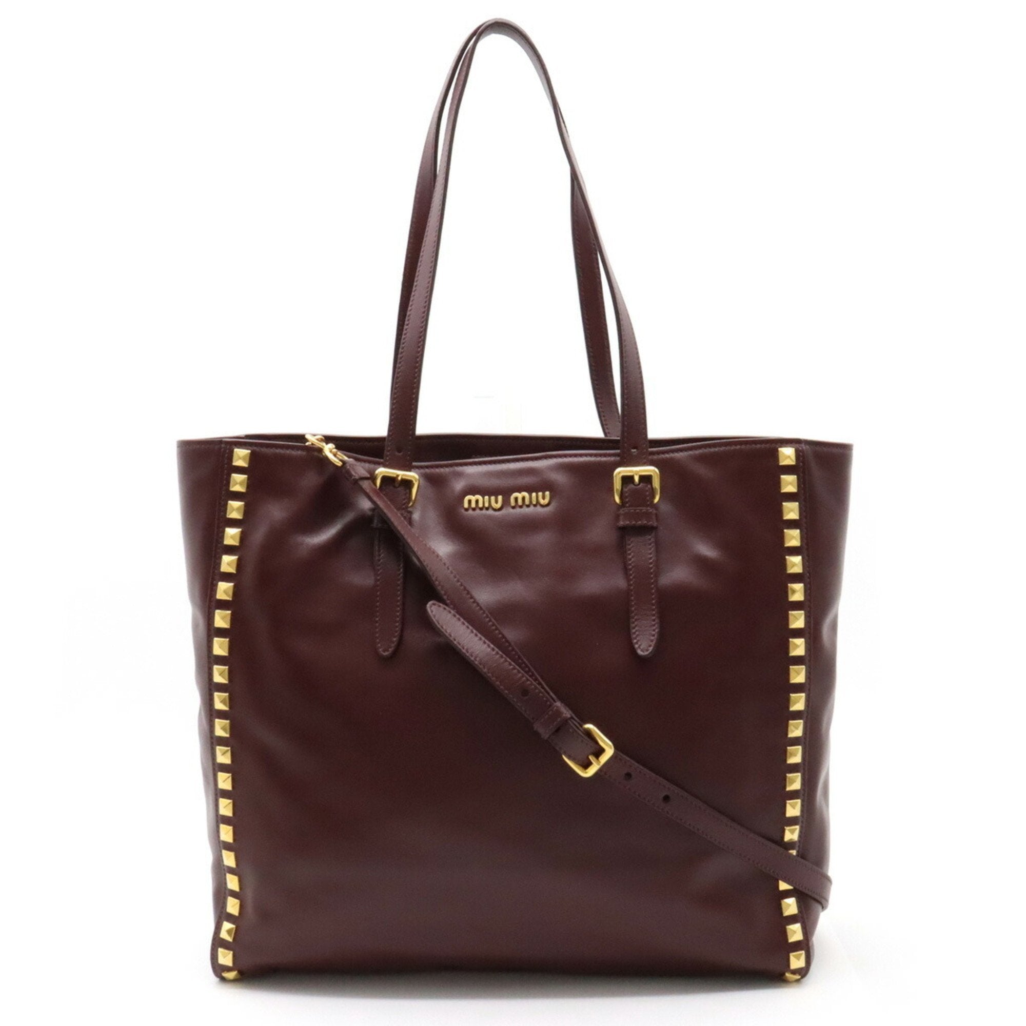 MIU MIU Miu Studded Tote Bag Shoulder Leather GRANATO Bordeaux Domesti