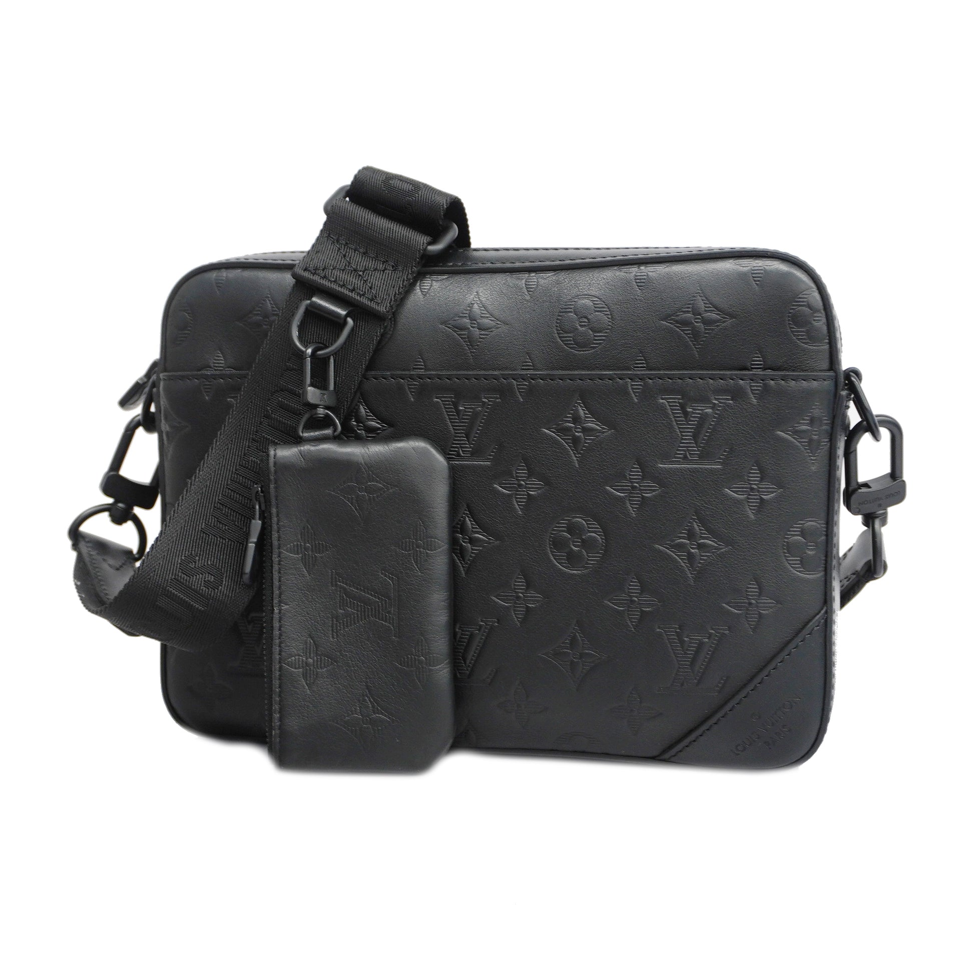 LOUIS VUITTON Duo Messenger Black Monogram Shadow Leather Messenger Bag  M69827