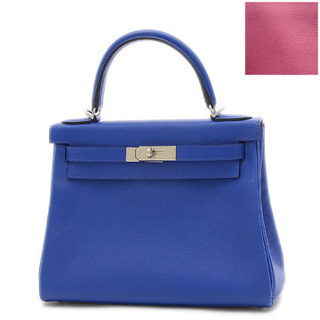 HERMES Kelly 28 Inner Stitch Verso Evercolor Blue Royale/Fuchsia Handbag Silver D Stamp