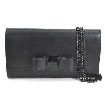 SALVATORE FERRAGAMO Chain Wallet Rose Ribbon Leather Black Ladies