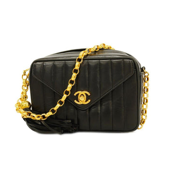 CHANEL Shoulder Bag Mademoiselle Fringe Lambskin Black Gold Hardware Women's