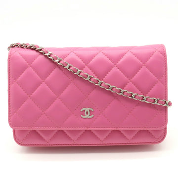 CHANEL Matelasse Chain Wallet Shoulder Bag Pochette Leather Pink A33814