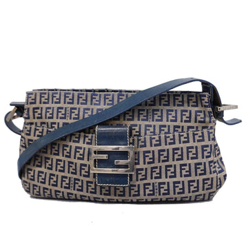 FENDI Shoulder Bag Zucchino Nylon Canvas Gray Navy Silver Hardware Women's