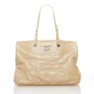 Chanel On The Road Wild Stitch Coco Mark Tote Bag Shoulder Beige Leather Women's