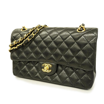 CHANEL Shoulder Bag Matelasse W Flap Chain Caviar Skin Black Gold Hardware Women's