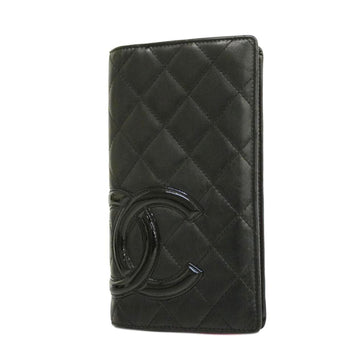 CHANEL Long Wallet Cambon Lambskin Black Pink Silver Hardware Women's