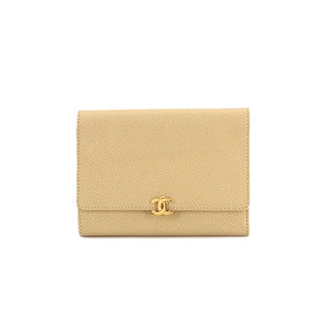 CHANEL Trifold Wallet Leather Beige Cocomark Gold Hardware