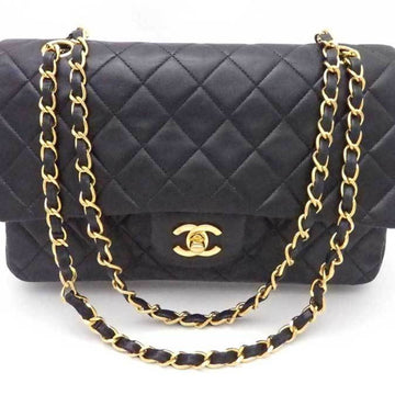 CHANEL shoulder bag matelasse double flap leather black gold ladies