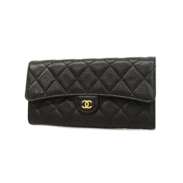 CHANEL Long Wallet Matelasse Caviar Skin Black Gold Hardware Women's