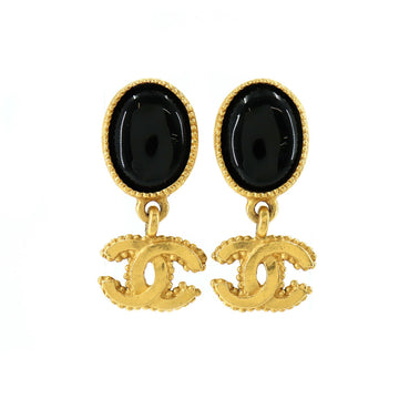 Chanel here mark color stone swing earrings black gold 96A vintage accessories