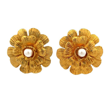 CHANEL earrings vintage camellia flower motif fake pearl GP plated gold ladies