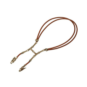 HERMES Bamboo Ash Halter Necklace Silver Brown Leather Metal Women's