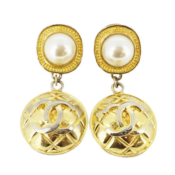 CHANEL Earrings Vintage Coco Mark Matelasse Fake Pearl GP Plated Gold Ladies