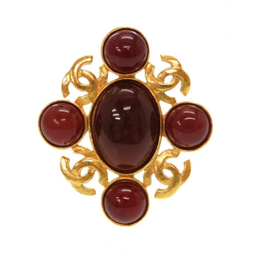 Chanel Vintage Stone Coco Mark 96A Gold Red Brooch Accessories