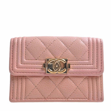 CHANEL Leather Boy  Coco Mark Trifold Wallet Pink Ladies