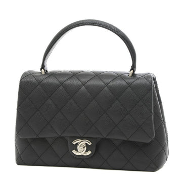 CHANEL Matelasse Top Handle Handbag Caviar Skin Black Silver Hardware