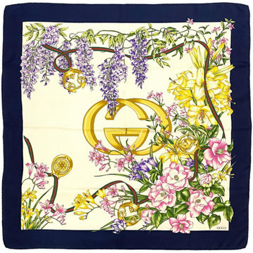 GUCCI Scarf Muffler Cream Navy Gold Pink Interlocking Silk 100%  GG Flower Motif Multicolor Women's