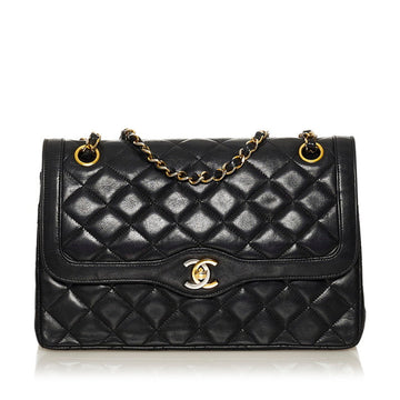 Chanel Matelasse Paris Limited Coco Mark Double Flap Chain Shoulder Bag Black Lambskin Women's CHANEL