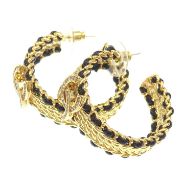 CHANEL Cocomark Hoop Earrings Women's GP 22.8g Gold Color Leather 22A Rhinestone