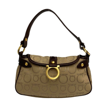 SALVATORE FERRAGAMO Gancini Hardware All Over Pattern Canvas Leather Handbag One Shoulder Beige Brown