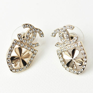 CHANEL earrings  CC mark clover motif rhinestone gold