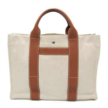 HERMES Sac Aane MM Women's Leather,Cotton Tote Bag Brown,Cream