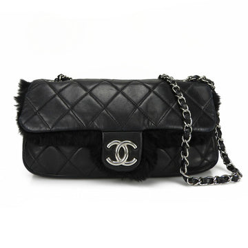 CHANEL Matelasse Double Chain Shoulder Bag Fur Lambskin Coco Mark Black 1 Silver Hardware shoulder bag coco logo black