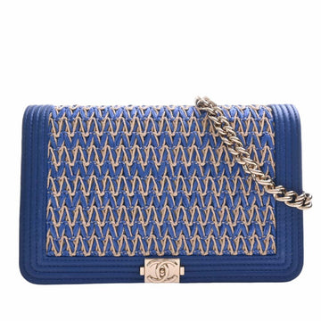 CHANEL Leather Boy  Chain Shoulder Bag Blue Ladies