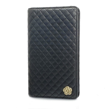 CHANEL Long Wallet Matelasse Camellia Lambskin Black Champagne Women's