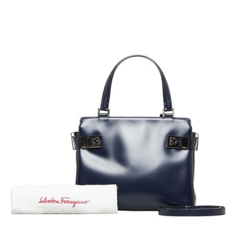 SALVATORE FERRAGAMO Gancini Handbag Shoulder Bag AQ-21 0167 Navy Leather Ladies