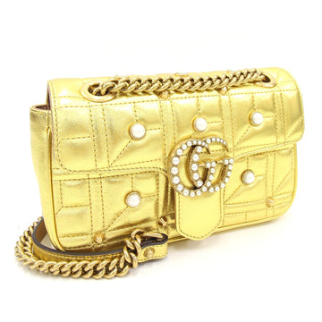 Gucci Shoulder Bag GG Marmont 446744 Gold Leather Quilted Stitch Studs Fake Pearl Chain Women's