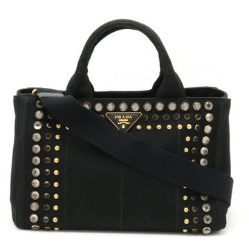 PRADA CANAPA Tote Bag Shoulder Bijou Studded Canvas NERO Black