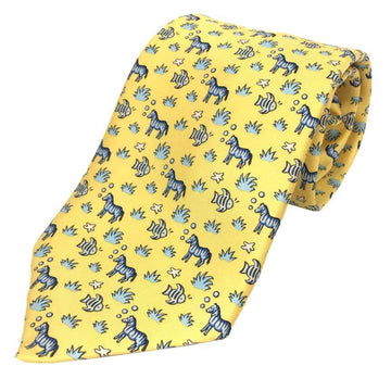 HERMES tie silk twill zebra fish starfish yellow men's