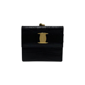 SALVATORE FERRAGAMO Vara Hardware Leather Genuine Clasp Bifold Wallet Mini Black