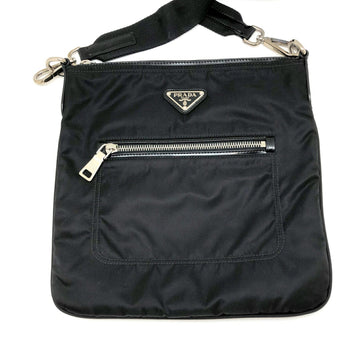 PRADA shoulder bag nylon black silver metal fittings triangular plate square ladies