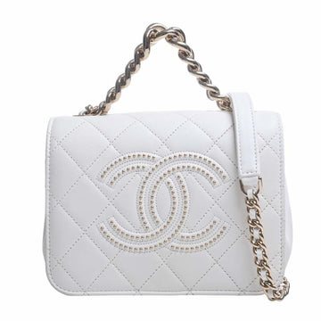 CHANEL Lambskin Matelasse Studded Logo Here Mark 2WAY Chain Handbag AS1514 White Ladies