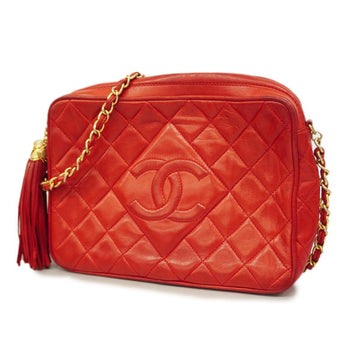 CHANEL Shoulder Bag Matelasse Chain with Fringe Lambskin Red Gold Hardware Women's