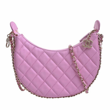 CHANEL Lambskin Matelasse Coco Mark Small Hobo Chain Shoulder Bag Pink Ladies