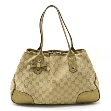 GUCCI GG Canvas Princey Ribbon Tote Bag Shoulder Metallic Leather Beige Gold 163805