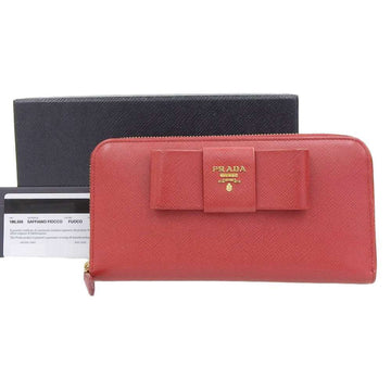 Prada ribbon round fastener long wallet saffiano leather red 1ML506 FUOCO