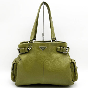 PRADA tote bag shoulder triangle logo khaki green leather ladies men's