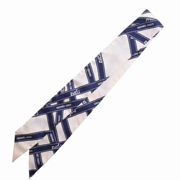 HERMES Silk Bolduc Ribbon Pattern Twilly White Navy Muffler