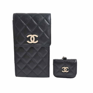 Smartphone case AirPods PRO black with Chanel caviar skin chain shoulder