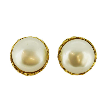 CHANEL earrings circle fake pearl GP plated gold ladies