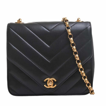 CHANEL Lambskin V Stitch Coco Mark Chain Shoulder Bag Black Ladies