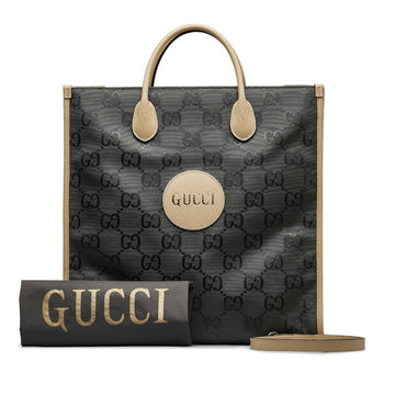 GUCCI GG Nylon Ob the Grid Long Tote Handbag Shoulder Bag 630355 Gray Beige Leather Women's