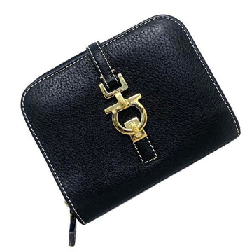 Salvatore Ferragamo Ferragamo Black Gancini 22 4202 Leather Salvatore Metal Fittings Women's Bi-Fold Wallet