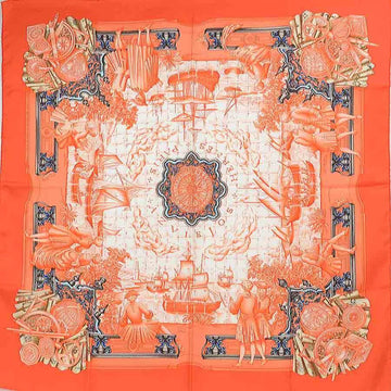 HERMES Scarf Carre 90 AZVLEJOS Thinking of the Age Discovery Silk Orange Women's