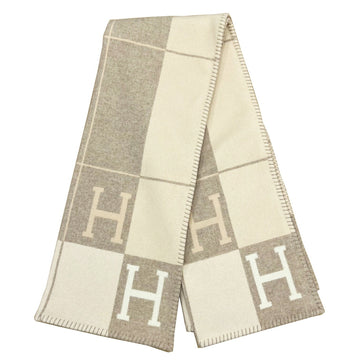 HERMES Plaid Avalon Blanket H Merino Wool Cashmere Coco Chamomile Brown Beige Women Men