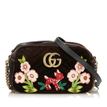 GUCCI GG Marmont Bambi Flower Chain Shoulder Bag 447632 Black Velor Leather Ladies